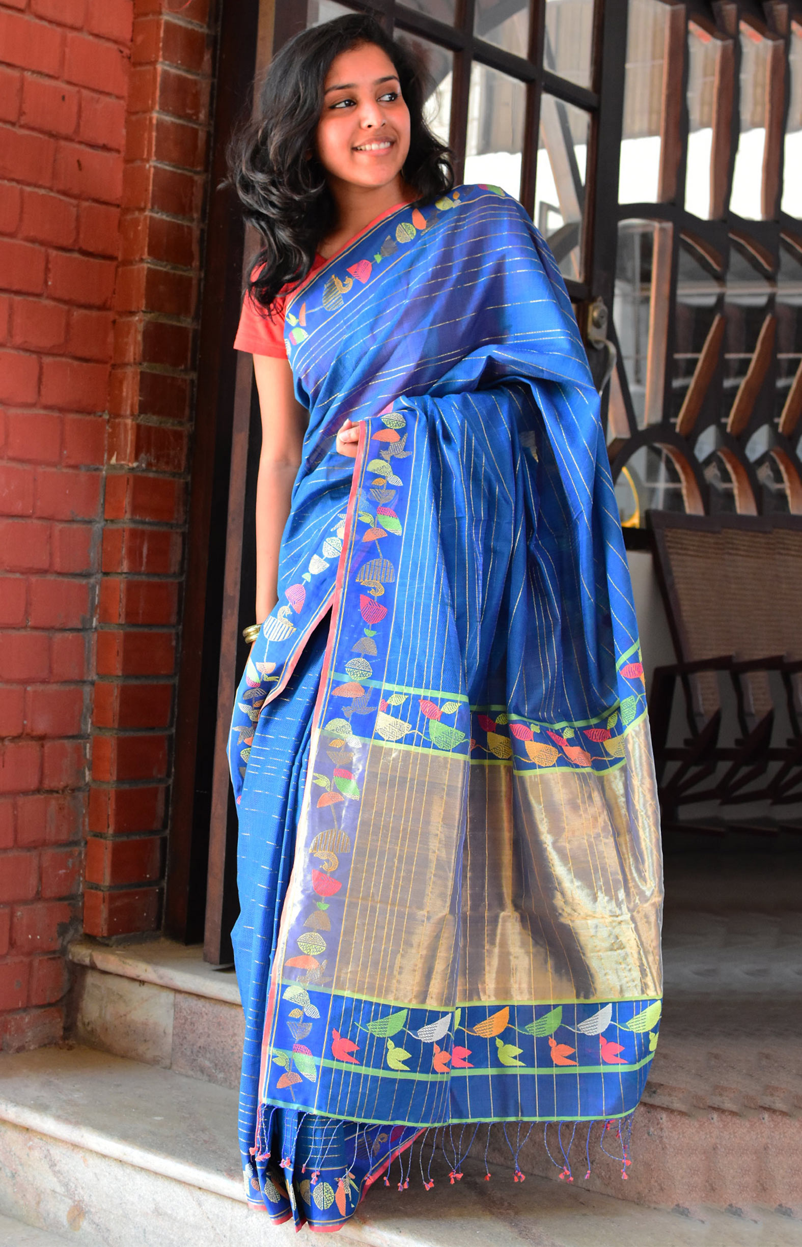 Blue, Handwoven Organic Cotton, Textured Weave , Jacquard, Festive Wear, Jari Saree